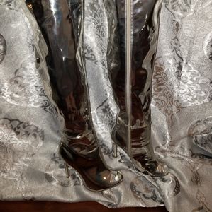Silver knee high peep toe boots